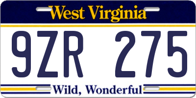WV license plate 9ZR275