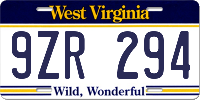 WV license plate 9ZR294