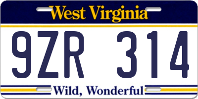 WV license plate 9ZR314