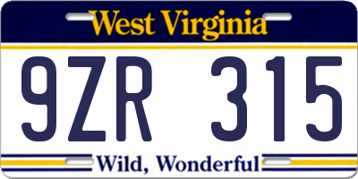 WV license plate 9ZR315