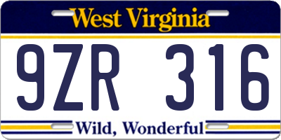 WV license plate 9ZR316
