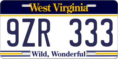 WV license plate 9ZR333