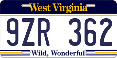 WV license plate 9ZR362