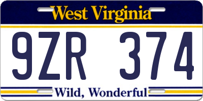 WV license plate 9ZR374