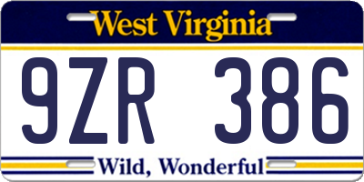 WV license plate 9ZR386
