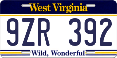 WV license plate 9ZR392