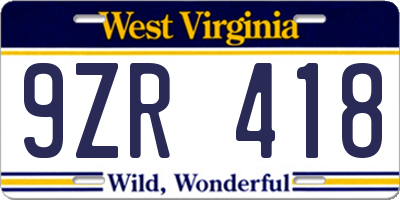 WV license plate 9ZR418