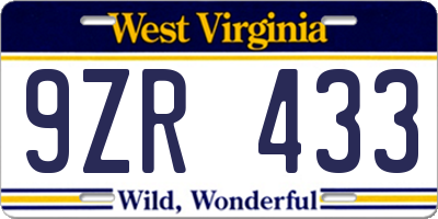 WV license plate 9ZR433