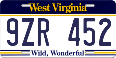 WV license plate 9ZR452