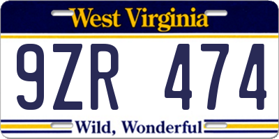 WV license plate 9ZR474