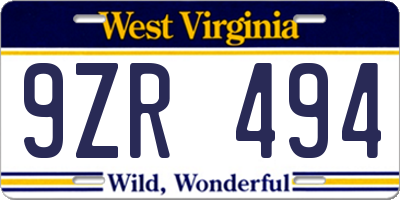 WV license plate 9ZR494