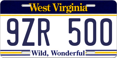 WV license plate 9ZR500