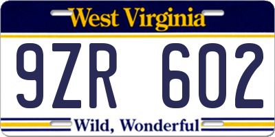 WV license plate 9ZR602