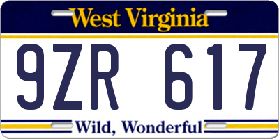 WV license plate 9ZR617