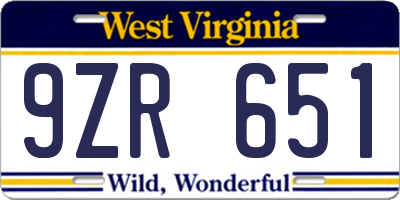 WV license plate 9ZR651