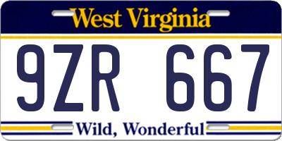 WV license plate 9ZR667