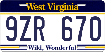 WV license plate 9ZR670