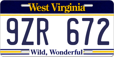 WV license plate 9ZR672