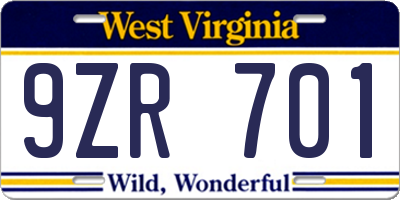 WV license plate 9ZR701