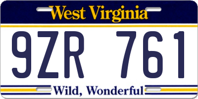 WV license plate 9ZR761
