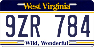 WV license plate 9ZR784