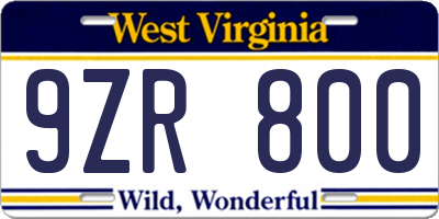 WV license plate 9ZR800