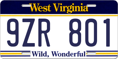 WV license plate 9ZR801