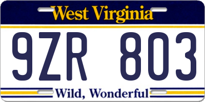 WV license plate 9ZR803