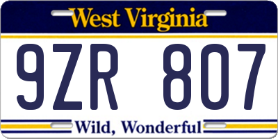 WV license plate 9ZR807