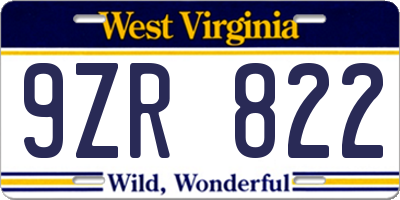 WV license plate 9ZR822