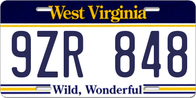 WV license plate 9ZR848