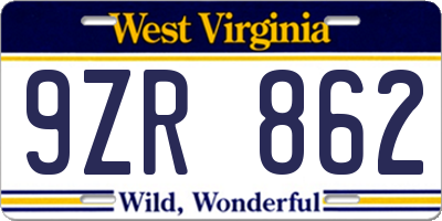 WV license plate 9ZR862