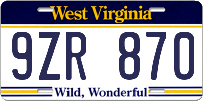 WV license plate 9ZR870