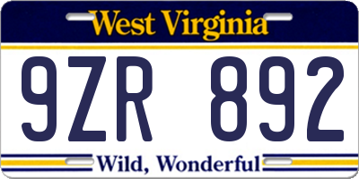 WV license plate 9ZR892