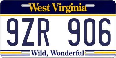 WV license plate 9ZR906