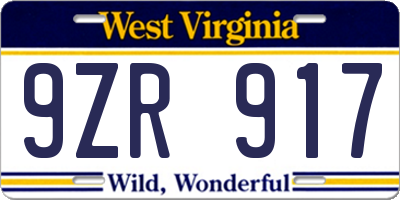WV license plate 9ZR917