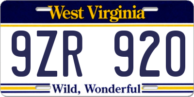 WV license plate 9ZR920