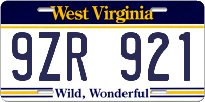 WV license plate 9ZR921