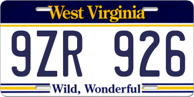 WV license plate 9ZR926