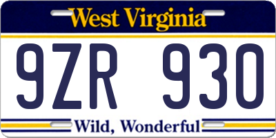 WV license plate 9ZR930