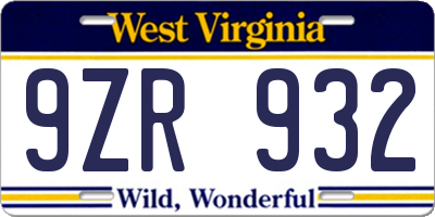 WV license plate 9ZR932