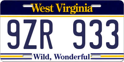 WV license plate 9ZR933