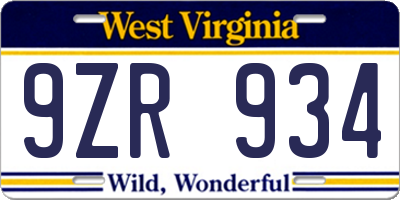 WV license plate 9ZR934