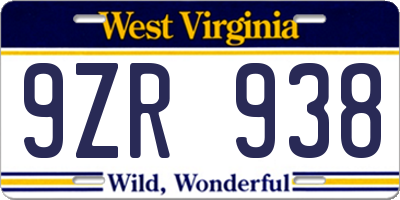 WV license plate 9ZR938
