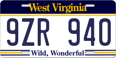 WV license plate 9ZR940