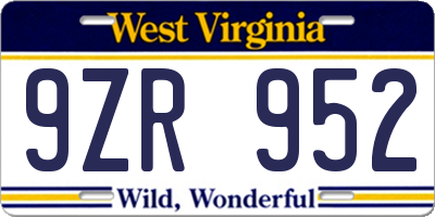 WV license plate 9ZR952