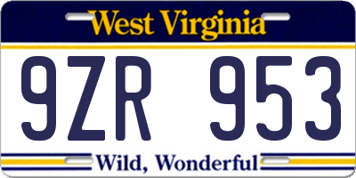 WV license plate 9ZR953