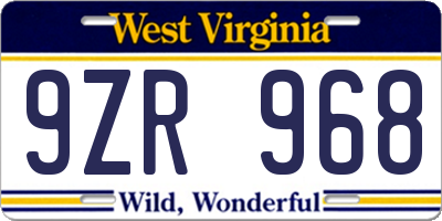 WV license plate 9ZR968