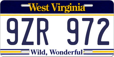 WV license plate 9ZR972