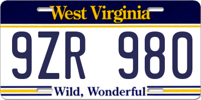 WV license plate 9ZR980